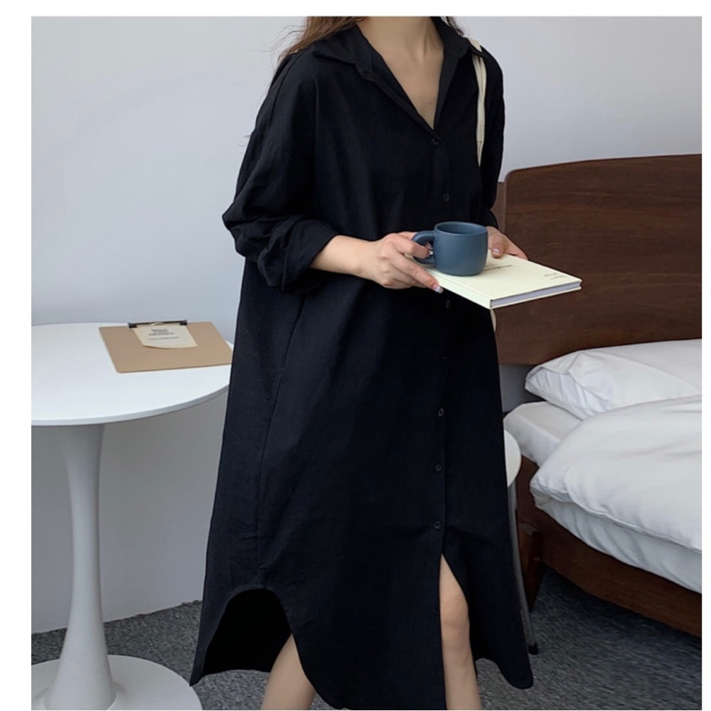 Shirt dress long women’s button collar top pockets white black - Picture 3 of 16